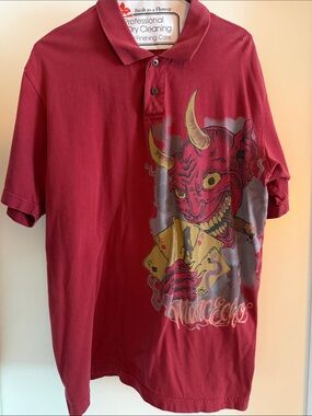 Marc Ecko- Men's Red Graphic Polo Shirt with Demon Card Art -LG